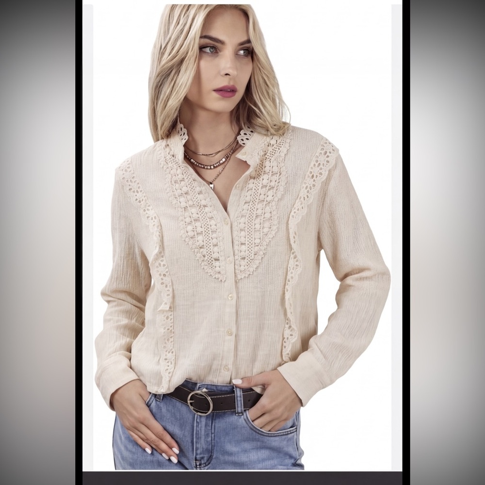 New Hazel Ivory crochet cotton cream Lace-Trim Button Front Blouse size S